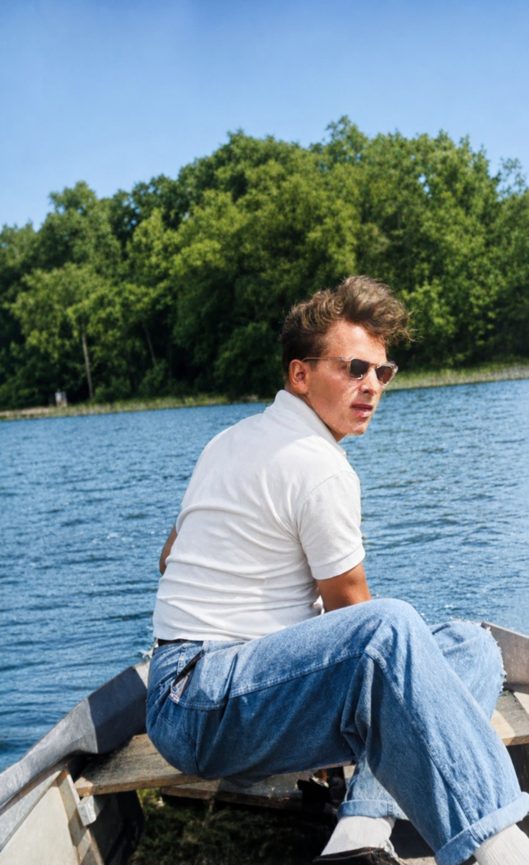 Colorized man on a boat